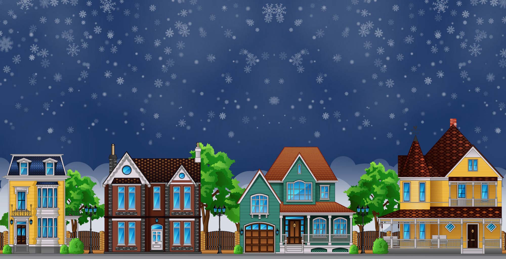 Illustrated historic town homes with snow
